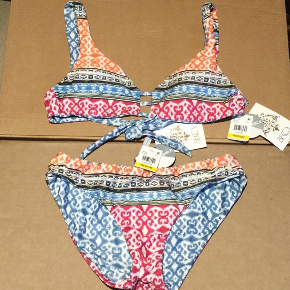 BECCA Multicolor Patterned Bikini - Blue, Pink, Orange